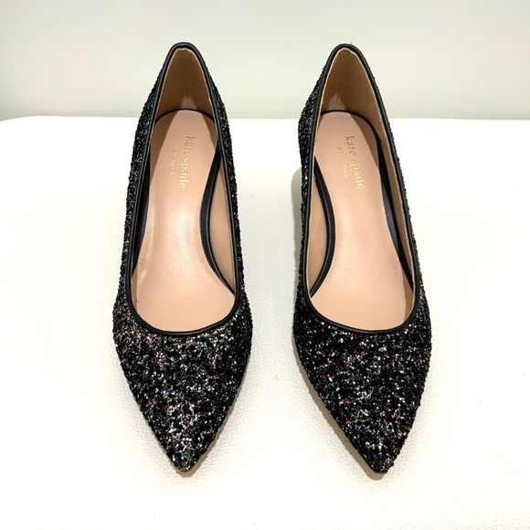 Kate Spade Menorca Shimmer Block Heel Pumps Black Glitter Pointed Toe Shoes 5.5 - Picture 6 of 8